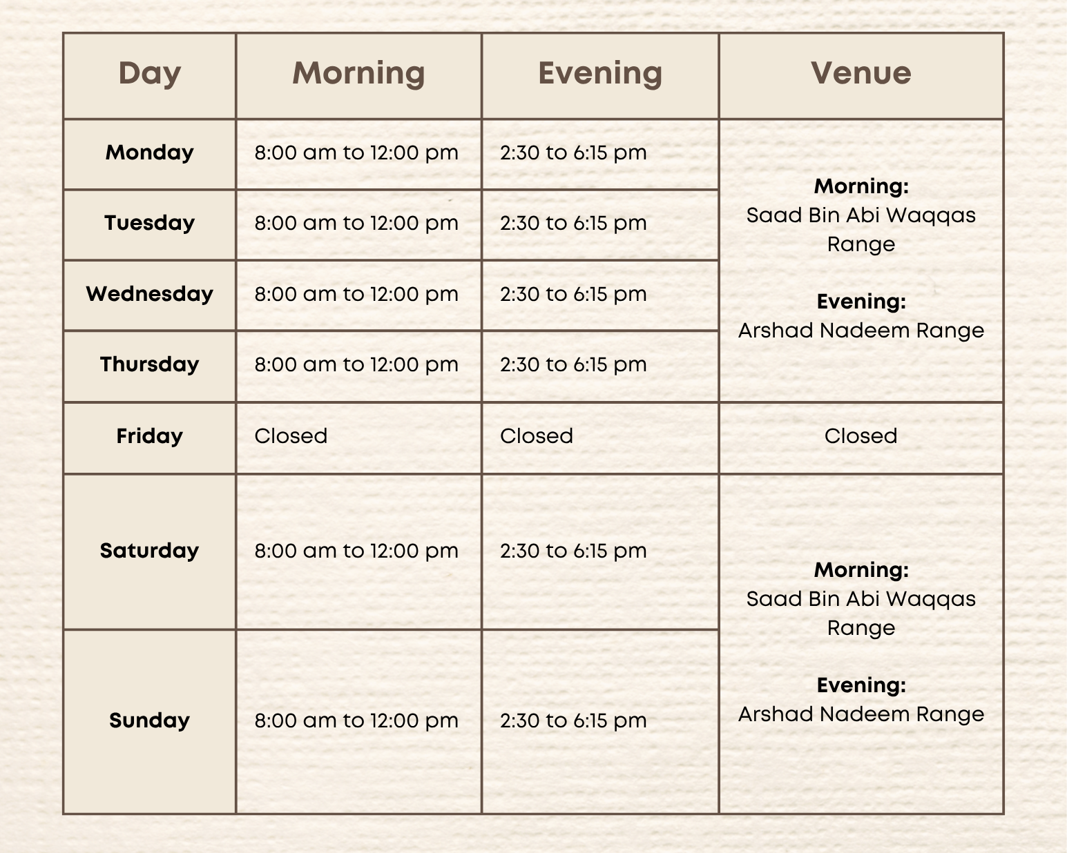 Shaheen Archery time table timings